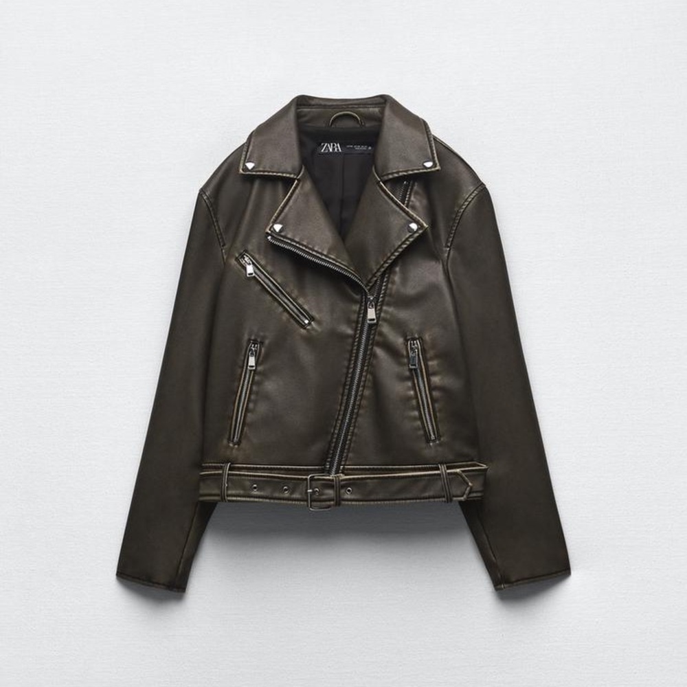 Zara Women's dark gray Leather Biker Jacket